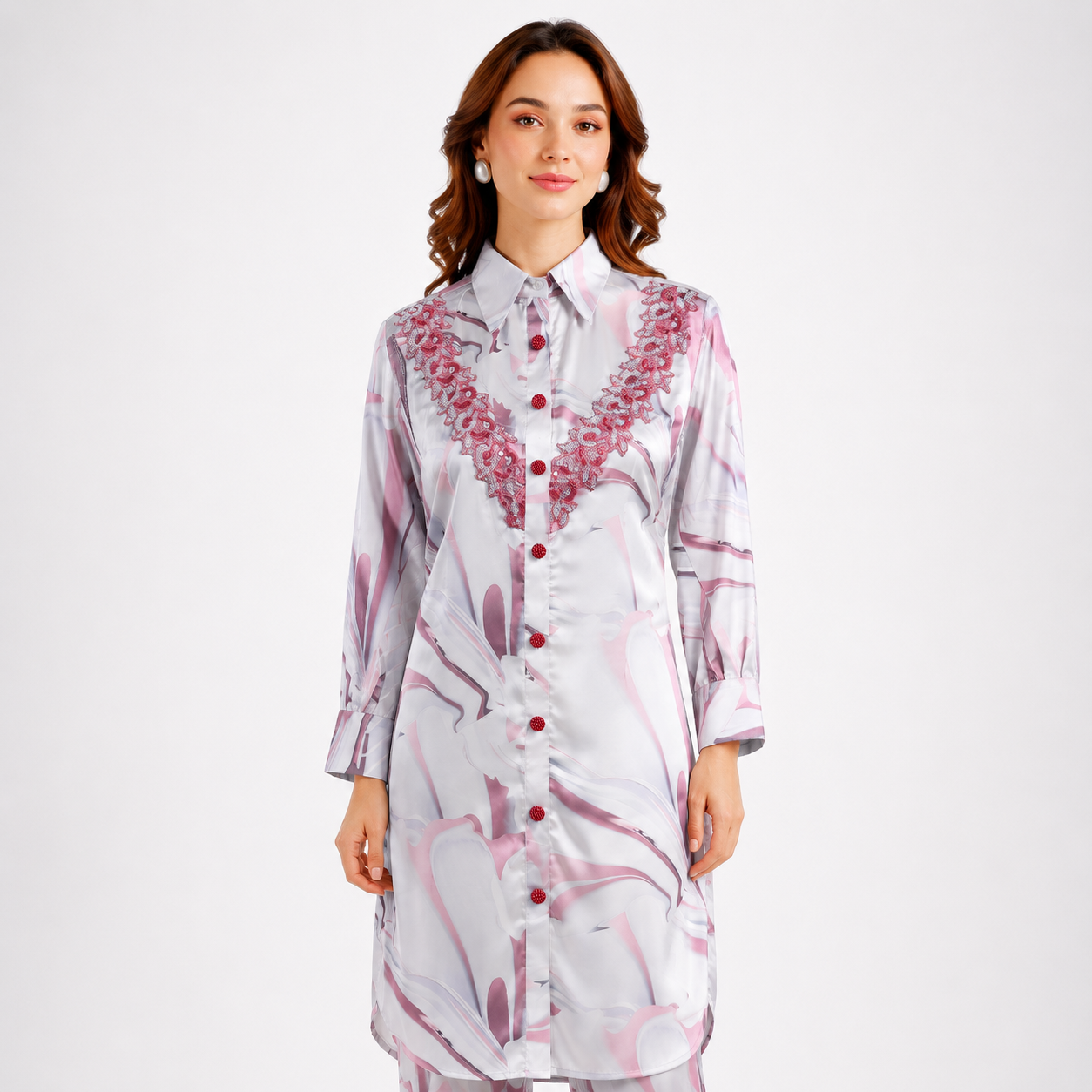 Abstract Marble Print Shirt Dress with Embellished Placket